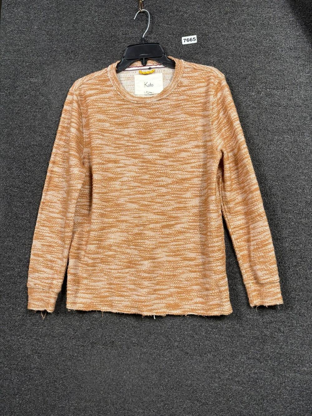Koto Sweater Mens Small Beige Marled Knit Crewneck Pullover Long Sleeve Raw Hem